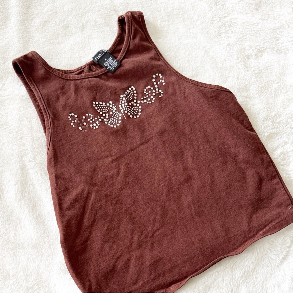 Vintage Y2K Rue21 cotton Brown Tank Top with butterfly Rhinestone sz small